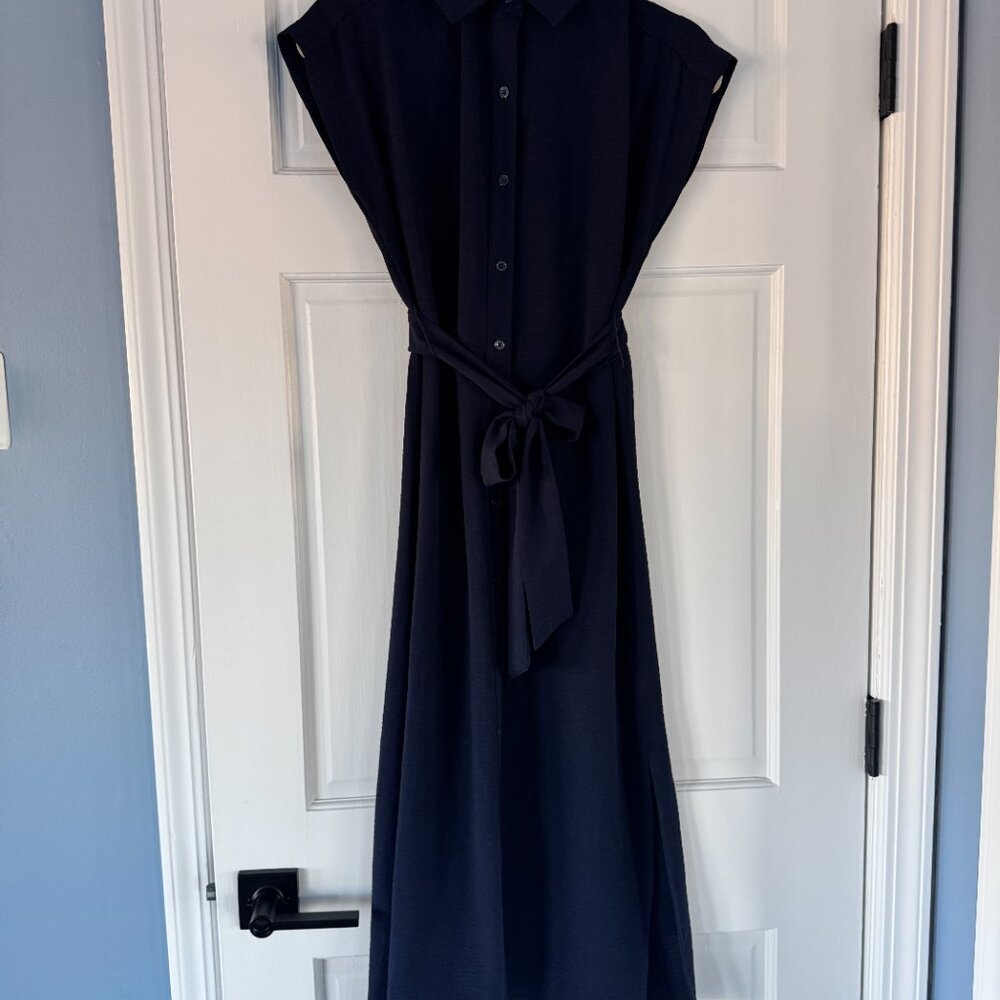 DKNY Navy Midi Shirt Dress Size 2 Belted Button Front Sleeveless Minimalist - Picture 3 of 10